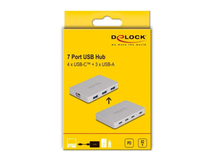 Delock Hub - with Power Delivery 82 Watt - 3 x USB-C 3.2 Gen 2 + 3 x SuperSpeed USB + 1 x USB-C (Spannungsversorgung)