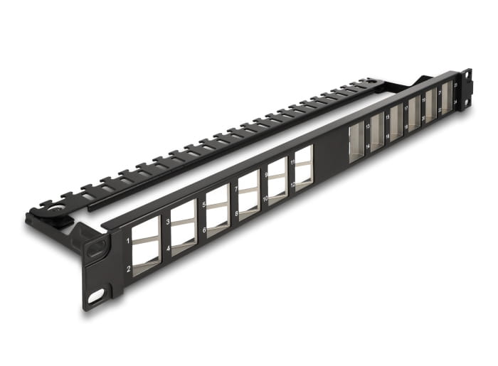 Delock Patchpanel (Blindblech) - abgewinkelt, mit Zugentlastung - Rack montierbar - Schwarz - 1U - 48.3 cm (19")