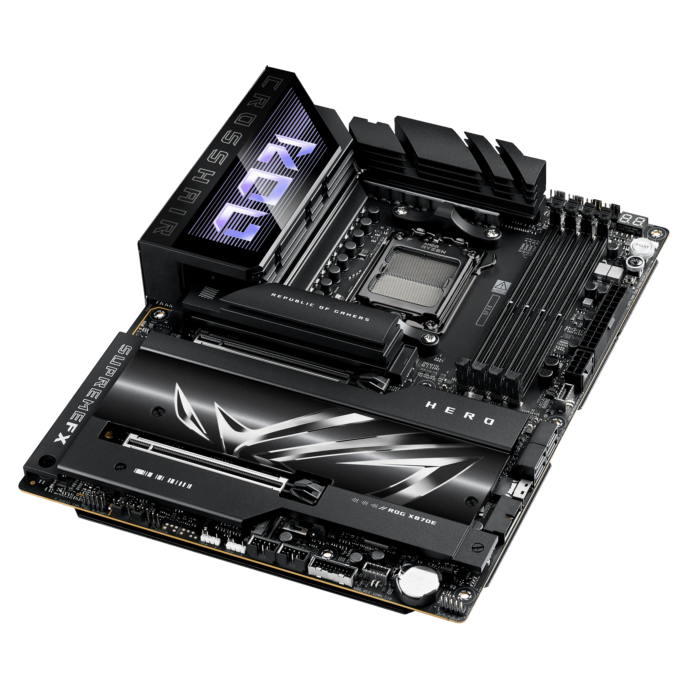 ASUS ROG CROSSHAIR X870E HERO - Motherboard - ATX - Socket AM5 - AMD X870E Chipsatz - USB4, USB 3.2 Gen 2, USB-C 3.2 Gen2, USB 3.2 Gen 1, USB-C 3.2 Gen 2x2 - Wi-Fi 7, Bluetooth, 5 Gigabit Ethernet - Onboard-Grafik (CPU erforderlich)