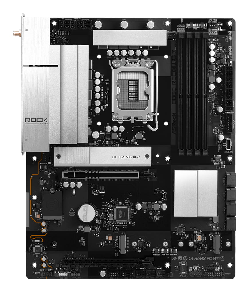 ASRock B860 Rock WiFi 7 - Motherboard - ATX - LGA1851 Sockel - B860 Chipsatz - USB 3.2 Gen 1, USB-C 3.2 Gen 1 - 2.5 Gigabit LAN, Bluetooth, Wi-Fi 7 - Onboard-Grafik (CPU erforderlich)