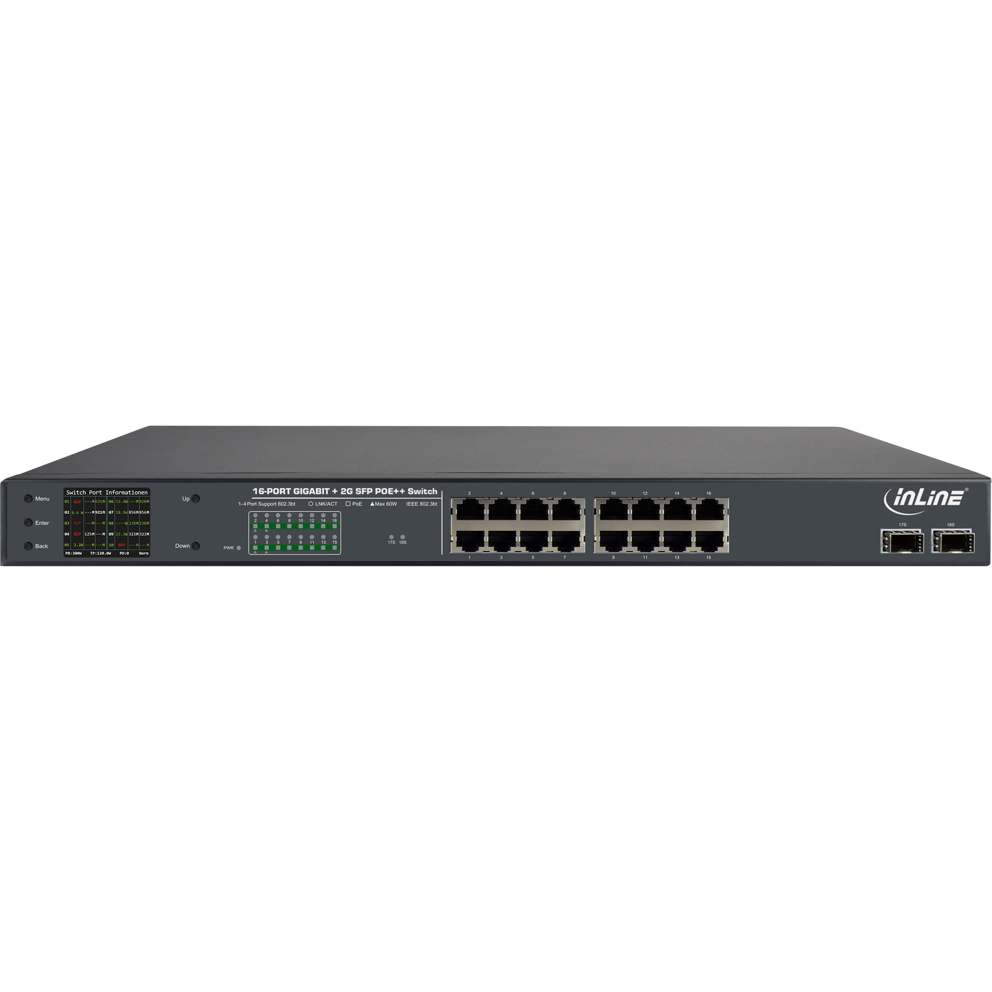 InLine PoE++ Gigabit Netzwerk Switch 16 Port - 1Gb/s - 2xSFP,19"1HE(inkl. Winkel)